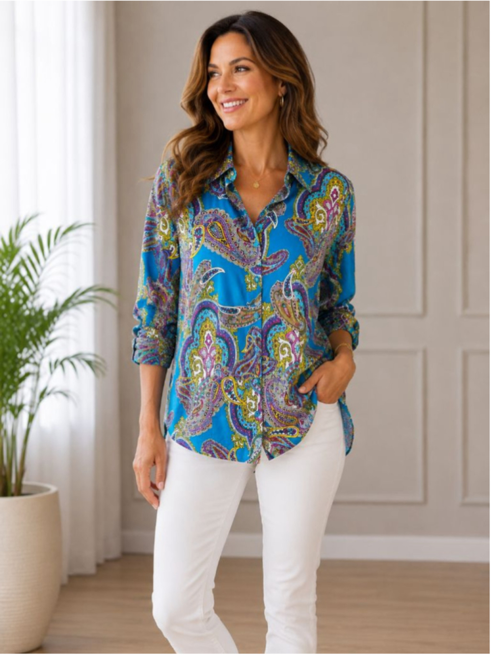 Van Heusen Studio Blue Paisley Button Down Shirt Women’s Size M